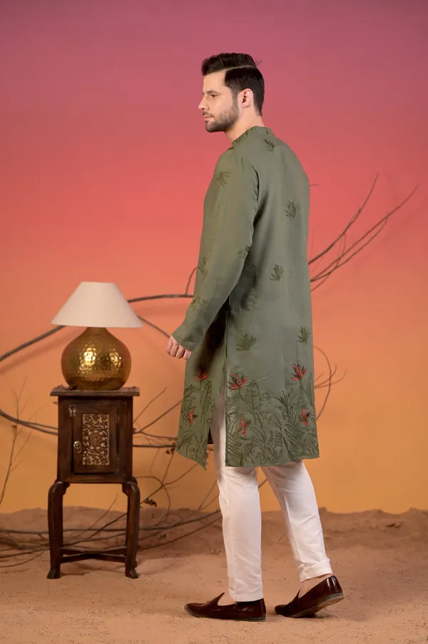 Olive_Green_Cotton-Linen_Kurta_With_Tonal_&_Scarlet_Botanical_Embroidery_&_Trousers_Set_For_Men