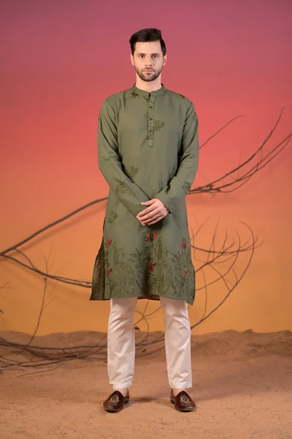 Olive_Green_Cotton-Linen_Kurta_With_Tonal_&_Scarlet_Botanical_Embroidery_&_Trousers_Set_For_Men