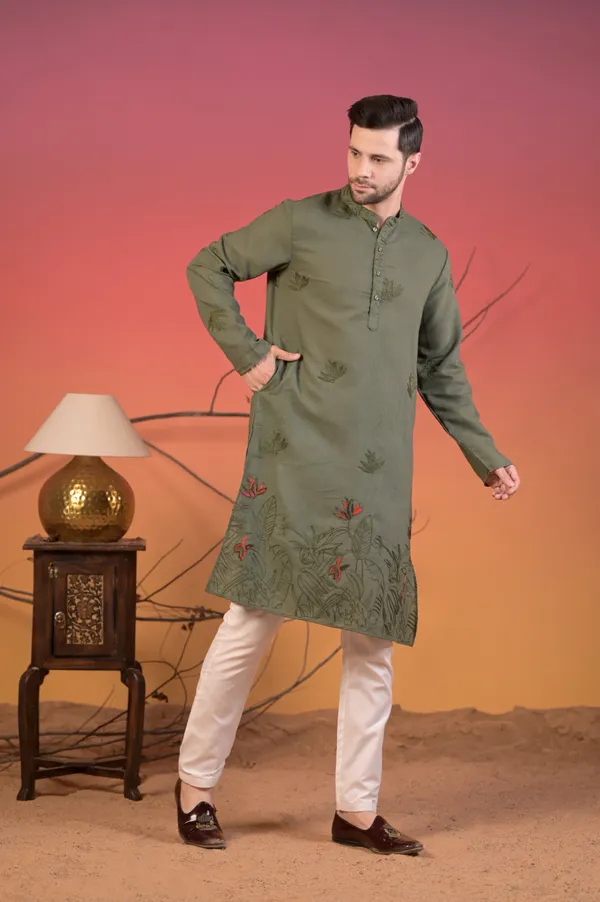 Olive_Green_Cotton-Linen_Kurta_With_Tonal_&_Scarlet_Botanical_Embroidery_&_Trousers_Set_For_Men