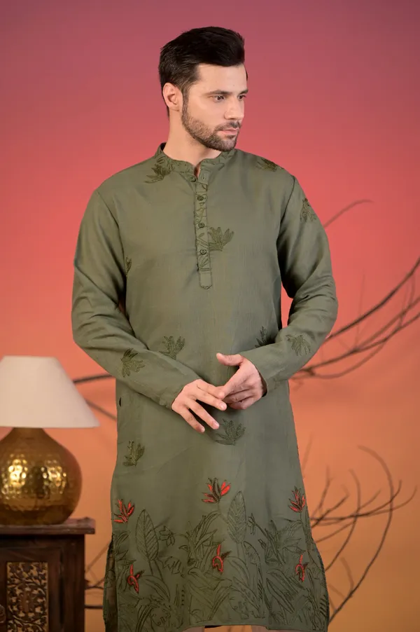 Olive_Green_Cotton-Linen_Kurta_With_Tonal_&_Scarlet_Botanical_Embroidery_&_Trousers_Set_For_Men