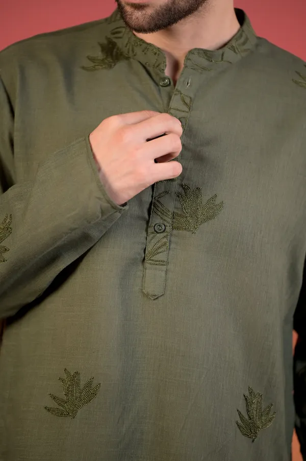 Olive_Green_Cotton-Linen_Kurta_With_Tonal_&_Scarlet_Botanical_Embroidery_&_Trousers_Set_For_Men