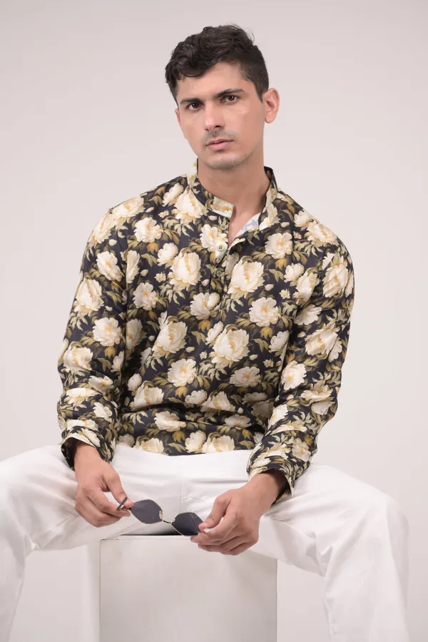 Black_Floral_Printed_Linen_Blend_Short_Kurta_For_Men