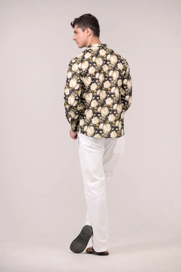 Black_Floral_Printed_Linen_Blend_Short_Kurta_For_Men