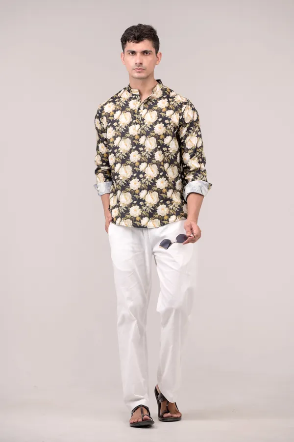 Black_Floral_Printed_Linen_Blend_Short_Kurta_For_Men