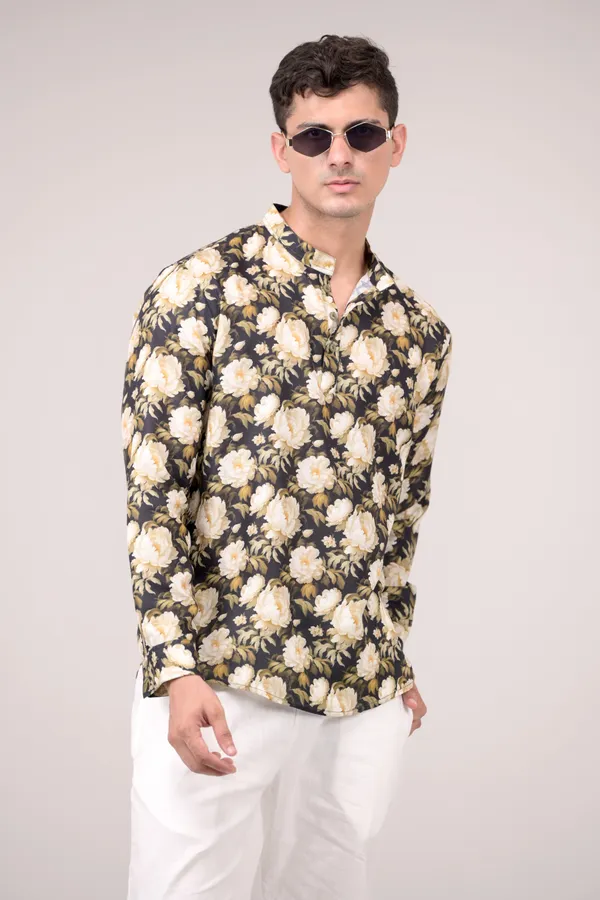 Black_Floral_Printed_Linen_Blend_Short_Kurta_For_Men