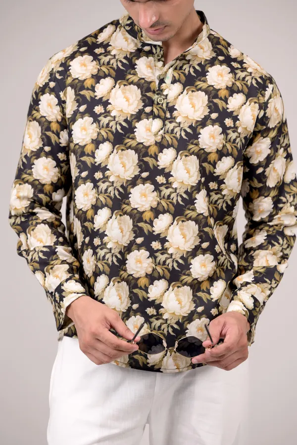 Black_Floral_Printed_Linen_Blend_Short_Kurta_For_Men