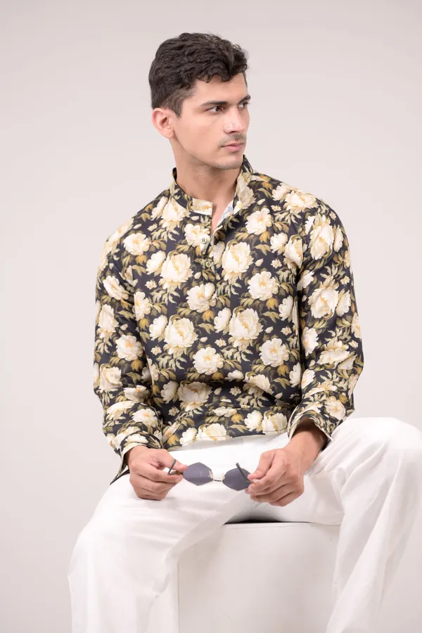 Black_Floral_Printed_Linen_Blend_Short_Kurta_For_Men