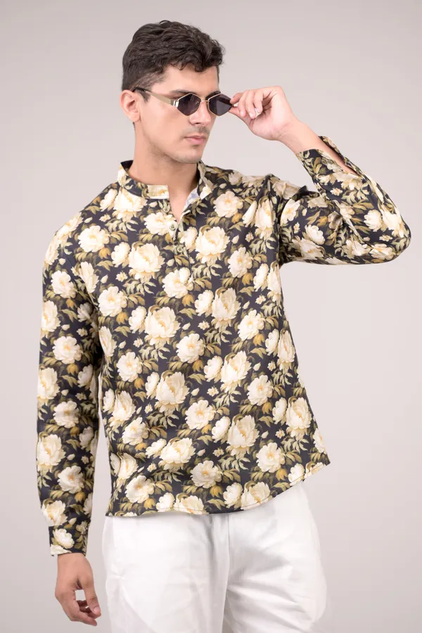 Black_Floral_Printed_Linen_Blend_Short_Kurta_For_Men