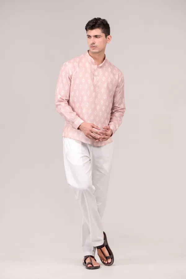 Blush_Pink_Printed_Linen_Blend_Short_Kurta_For_Men