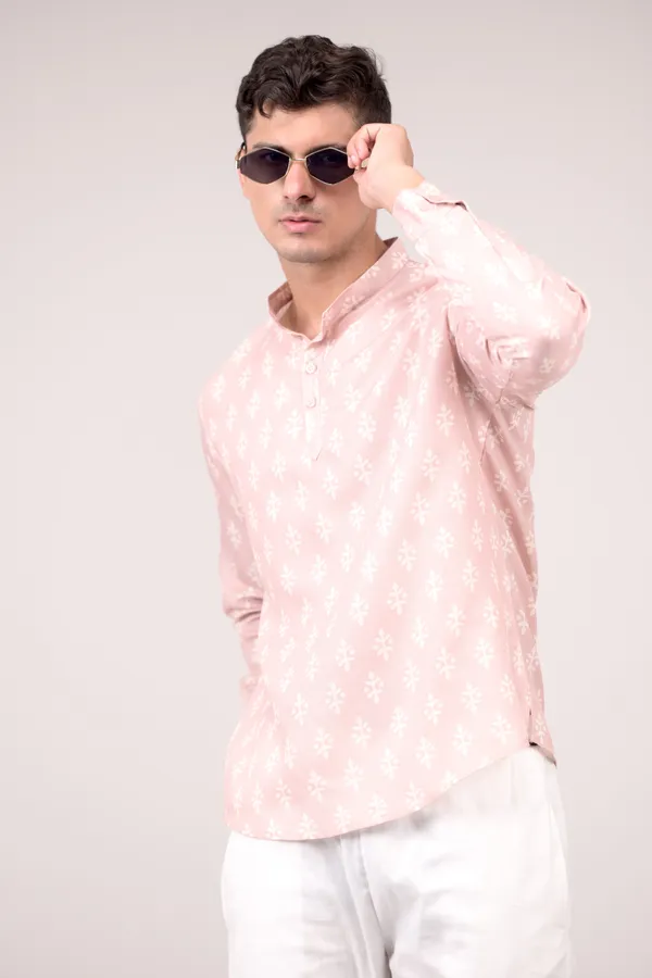 Blush_Pink_Printed_Linen_Blend_Short_Kurta_For_Men
