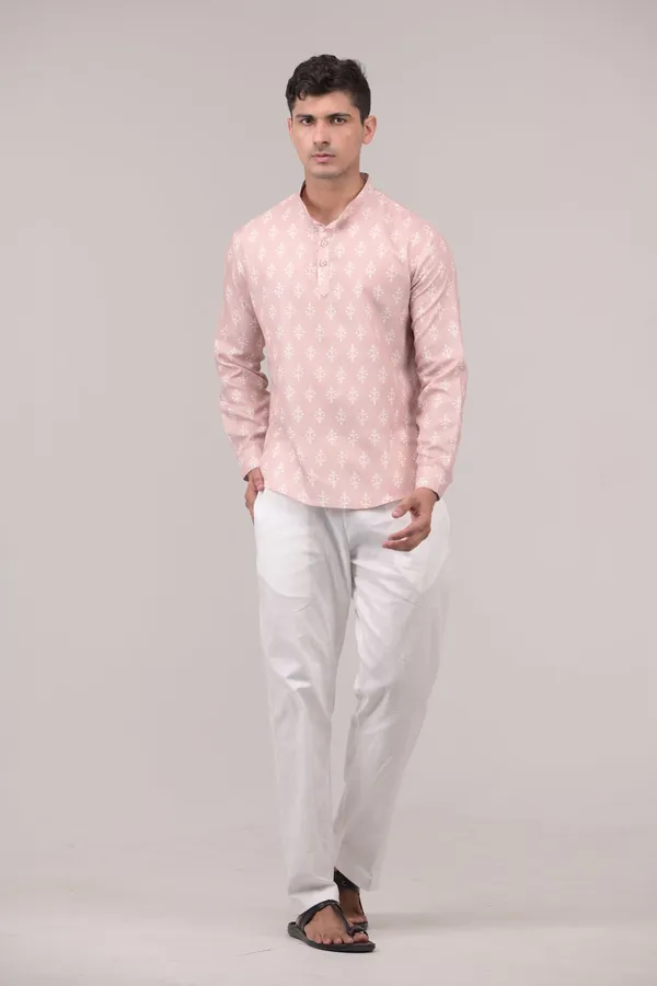 Blush_Pink_Printed_Linen_Blend_Short_Kurta_For_Men