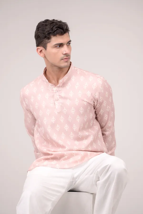 Blush_Pink_Printed_Linen_Blend_Short_Kurta_For_Men