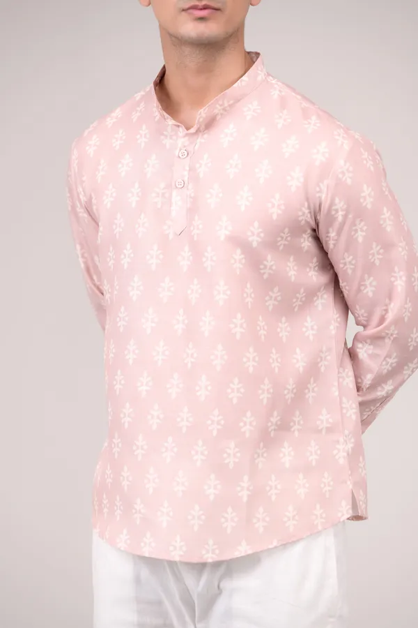 Blush_Pink_Printed_Linen_Blend_Short_Kurta_For_Men