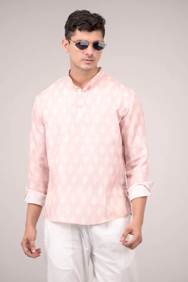 Blush_Pink_Printed_Linen_Blend_Short_Kurta_For_Men