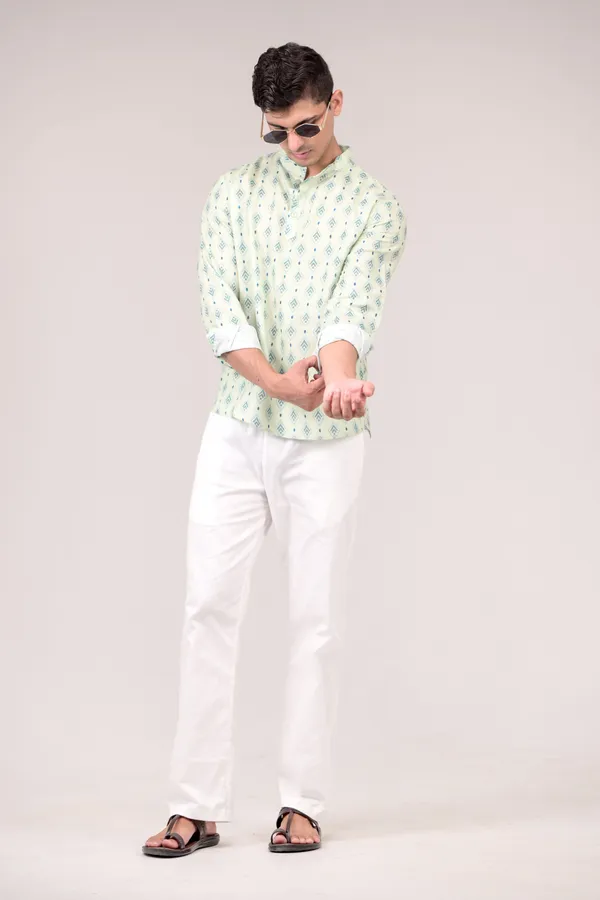 Mint_Green_Printed_Linen_Blend_Short_Kurta_For_Men