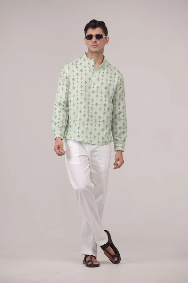 Mint_Green_Printed_Linen_Blend_Short_Kurta_For_Men