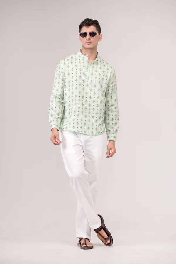 Mint_Green_Printed_Linen_Blend_Short_Kurta_For_Men