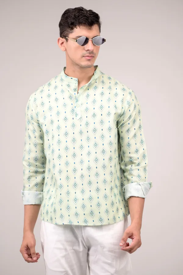 Mint_Green_Printed_Linen_Blend_Short_Kurta_For_Men