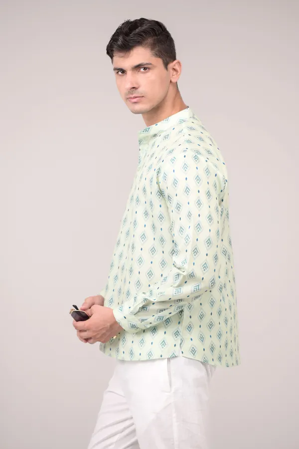 Mint_Green_Printed_Linen_Blend_Short_Kurta_For_Men