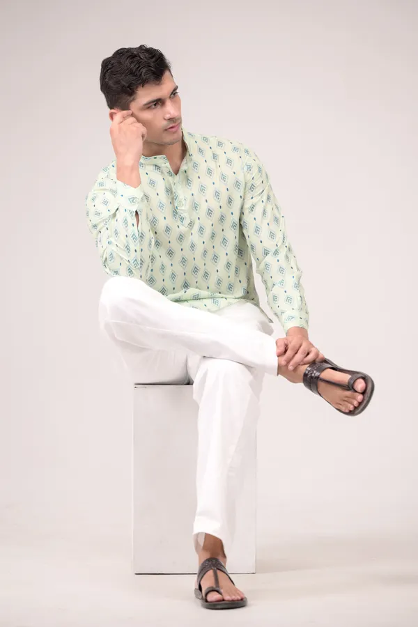Mint_Green_Printed_Linen_Blend_Short_Kurta_For_Men