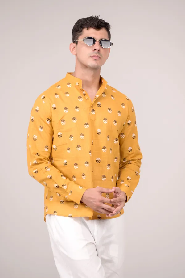 Mustard_Yellow_Printed_Linen_Blend_Short_Kurta_For_Men
