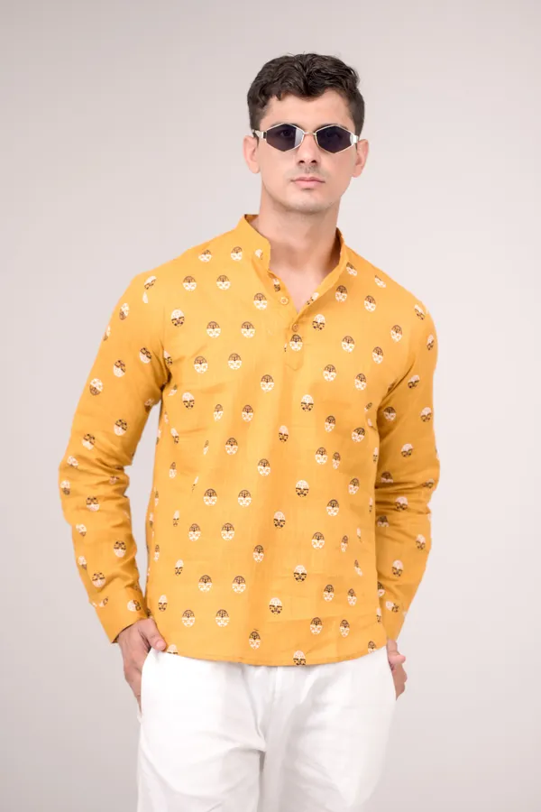 Mustard_Yellow_Printed_Linen_Blend_Short_Kurta_For_Men