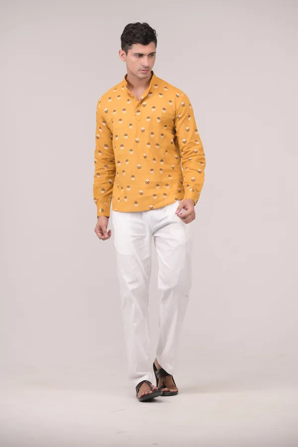 Mustard_Yellow_Printed_Linen_Blend_Short_Kurta_For_Men