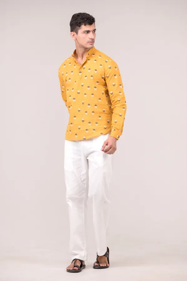 Mustard_Yellow_Printed_Linen_Blend_Short_Kurta_For_Men