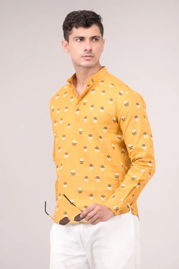 Mustard_Yellow_Printed_Linen_Blend_Short_Kurta_For_Men