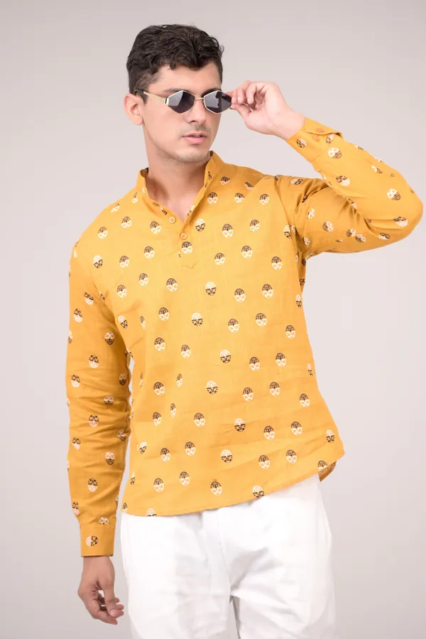 Mustard_Yellow_Printed_Linen_Blend_Short_Kurta_For_Men