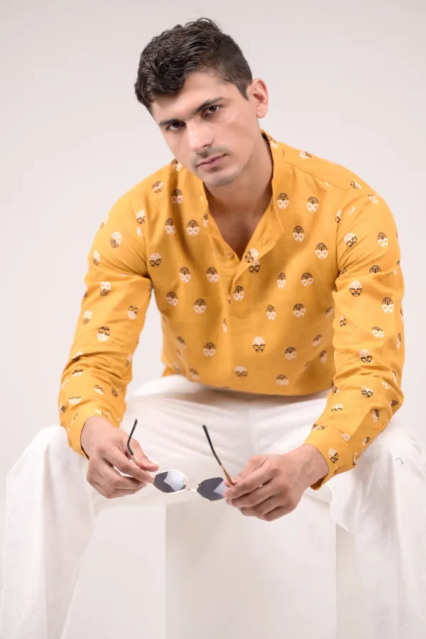 Mustard_Yellow_Printed_Linen_Blend_Short_Kurta_For_Men