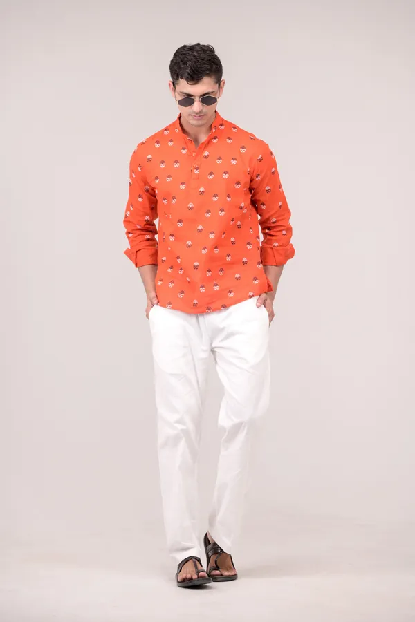 Orange_Printed_Linen_Blend_Short_Kurta_For_Men