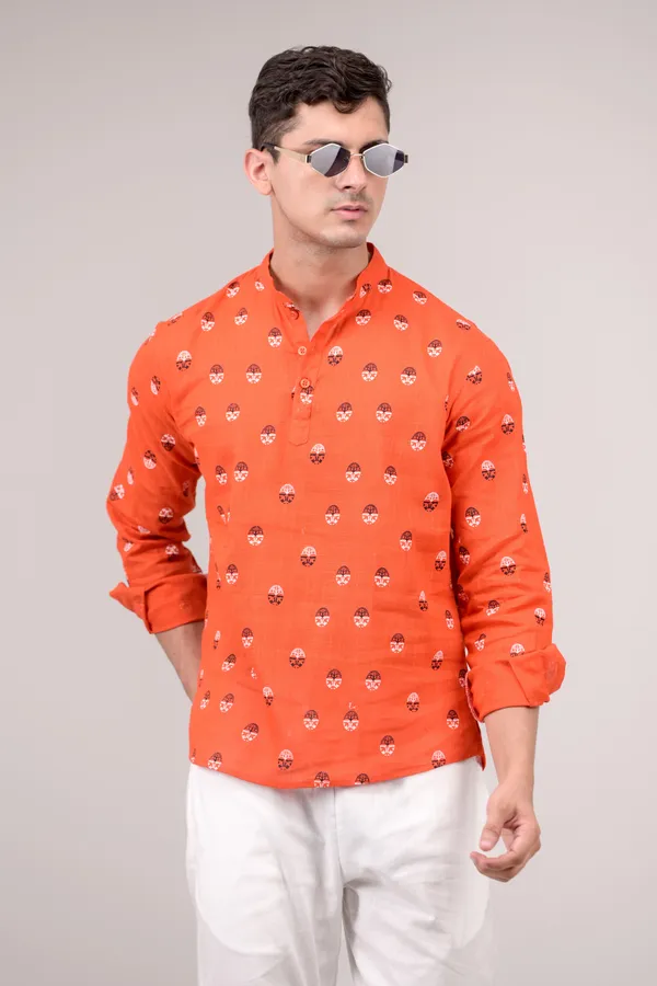 Orange_Printed_Linen_Blend_Short_Kurta_For_Men