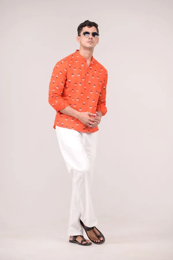 Orange_Printed_Linen_Blend_Short_Kurta_For_Men