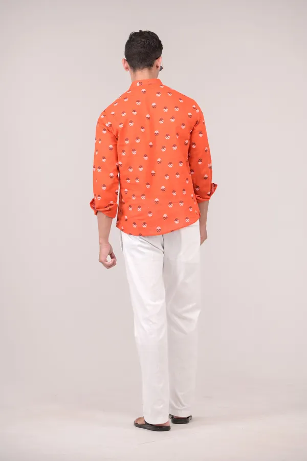 Orange_Printed_Linen_Blend_Short_Kurta_For_Men
