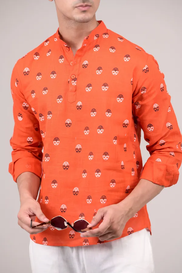 Orange_Printed_Linen_Blend_Short_Kurta_For_Men