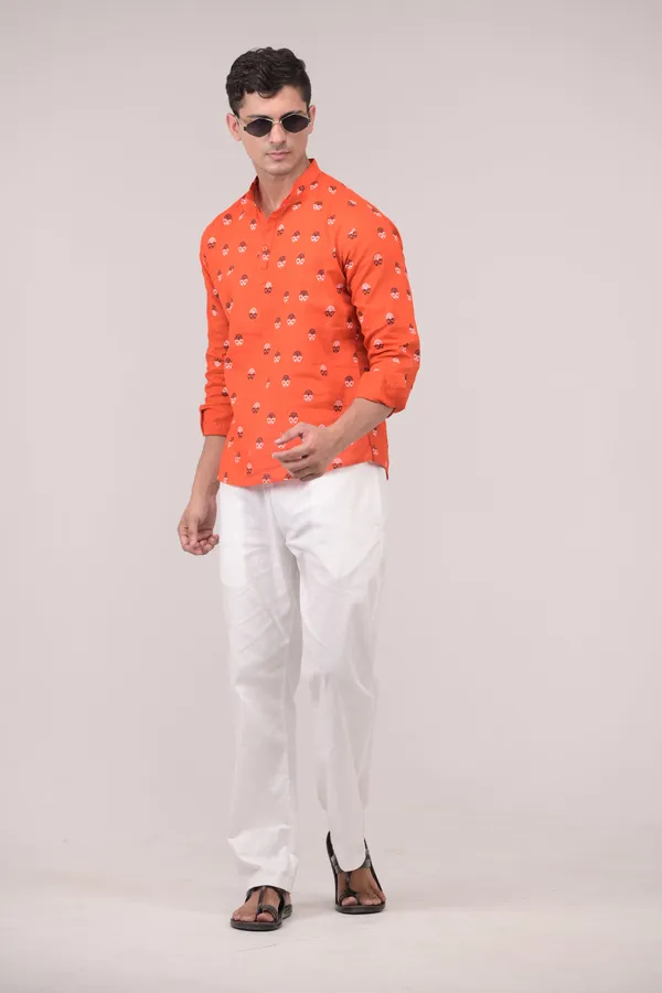 Orange_Printed_Linen_Blend_Short_Kurta_For_Men