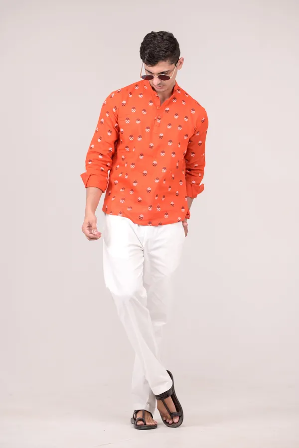 Orange_Printed_Linen_Blend_Short_Kurta_For_Men
