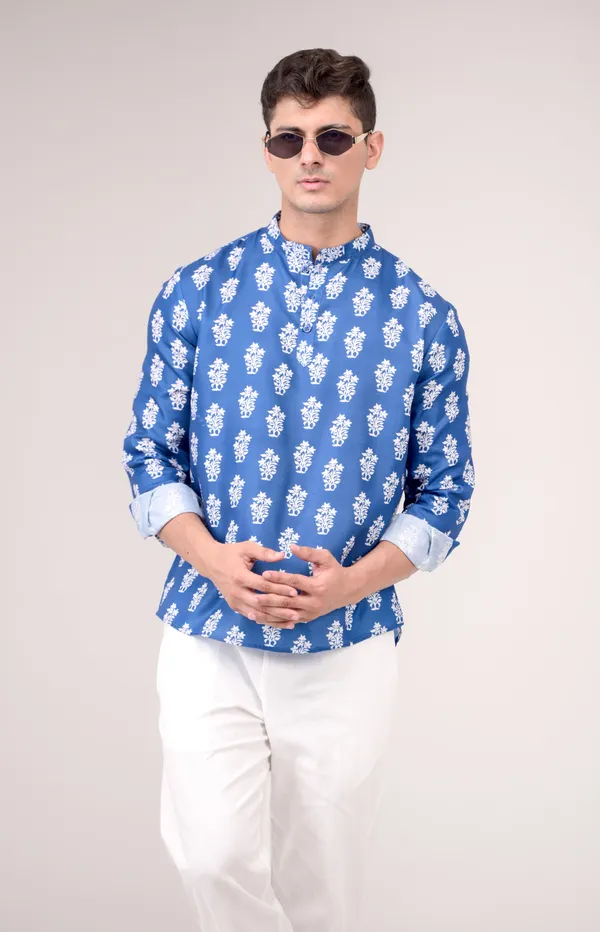 Royal_Blue_Printed_Linen_Blend_Short_Kurta_For_Men