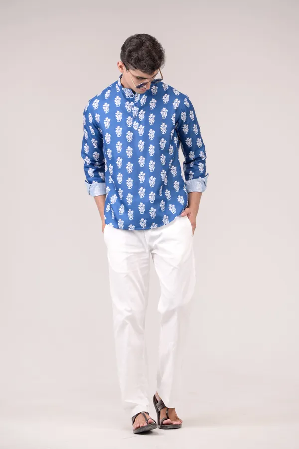 Royal_Blue_Printed_Linen_Blend_Short_Kurta_For_Men