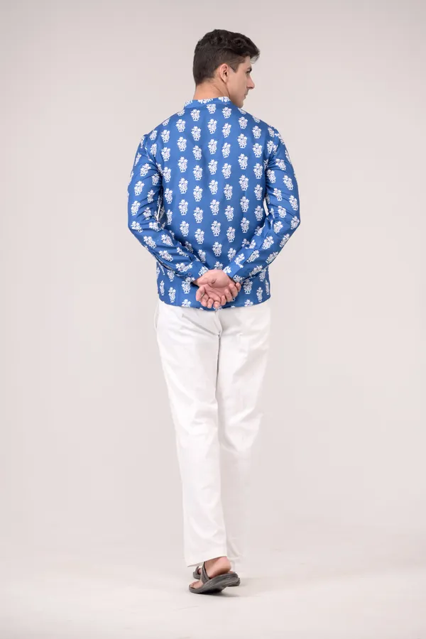 Royal_Blue_Printed_Linen_Blend_Short_Kurta_For_Men