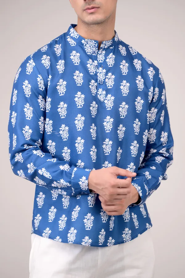 Royal_Blue_Printed_Linen_Blend_Short_Kurta_For_Men