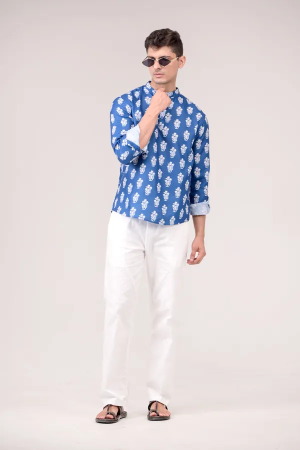 Royal_Blue_Printed_Linen_Blend_Short_Kurta_For_Men