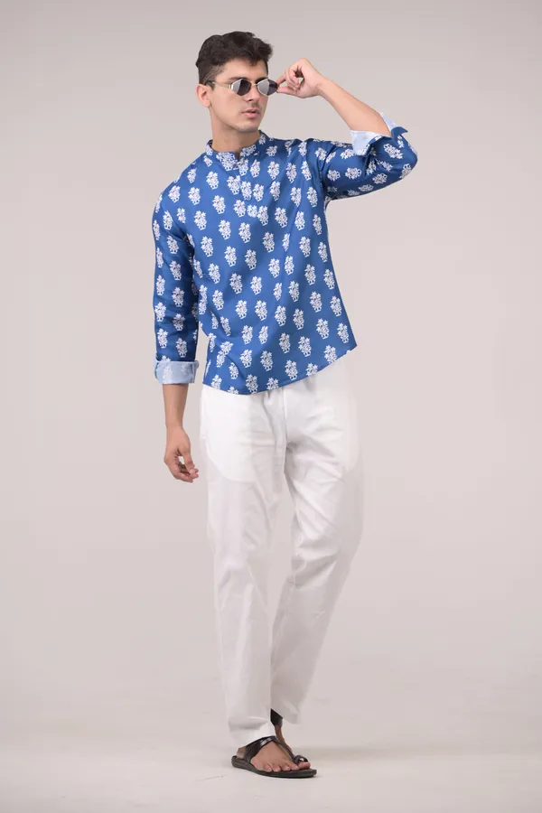 Royal_Blue_Printed_Linen_Blend_Short_Kurta_For_Men