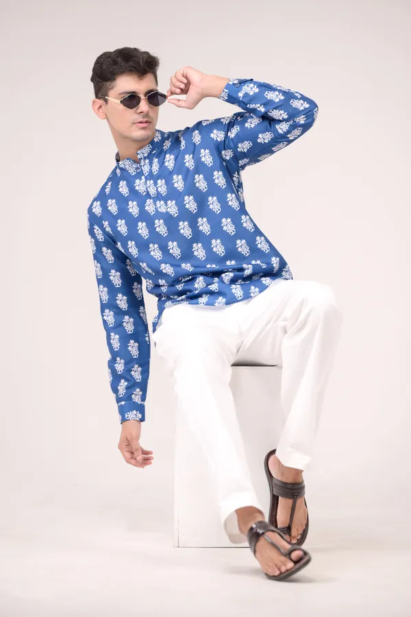 Royal_Blue_Printed_Linen_Blend_Short_Kurta_For_Men