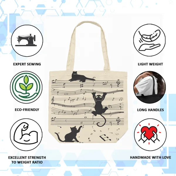 White_&_Black_Canvas_Musical_Cat_Tote_Bag_With_Zipper_And_Pocket
