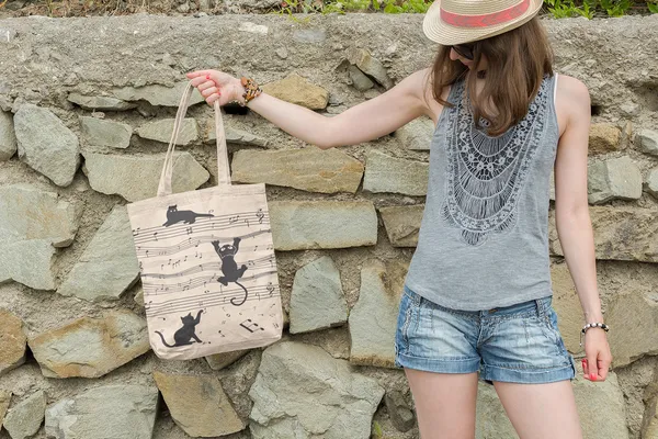 White_&_Black_Canvas_Musical_Cat_Tote_Bag_With_Zipper_And_Pocket