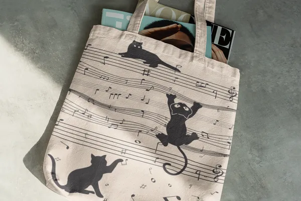 White_&_Black_Canvas_Musical_Cat_Tote_Bag_With_Zipper_And_Pocket