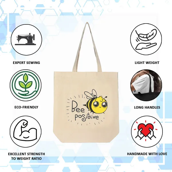 White_Canvas_Honeybee_Tote_Bag_With_Zipper_And_Pocket