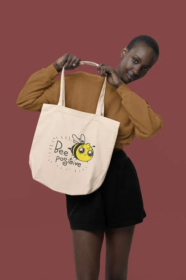 White_Canvas_Honeybee_Tote_Bag_With_Zipper_And_Pocket